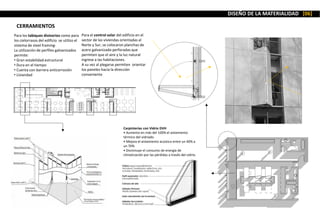 DISEÑO DE LA MATERIALIDAD [06]
CERRAMIENTOS
Para los tabiques divisorios como para
los cielorrasos del edificio se utilizo el
sistema de steel framing-
La utilización de perfiles galvanizados
permite:
• Gran estabilidad estructural
• Dura en el tiempo
• Cuenta con barrera anticorrosión
• Liviandad
Carpinterías con Vidrio DVH
• Aumenta en más del 100% el aislamiento
térmico del vidriado.
• Mejora el aislamiento acústico entre un 40% a
un 70%
• Disminuye el consumo de energía de
climatización por las pérdidas a través del vidrio.
Para el control solar del edificio en el
sector de las viviendas orientadas al
Norte y Sur, se colocaron planchas de
acero galvanizado perforadas que
permiten que el aire y la luz natural
ingrese a las habitaciones.
A su vez al plegarse permiten orientar
los paneles hacia la dirección
conveniente
 