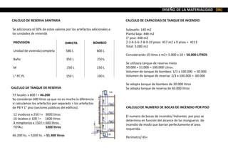 CALCULO DE RESERVA SANITARIA
PROVISION
Unidad de vivienda completa 580 L 600 L
Baño 350 L 250 L
M 250 L 150 L
L° PC PL 150 L 100 L
DIRECTA BOMBEO
Se adicionara el 50% de estos valores por los artefactos adicionales a
las unidades de vivienda
CALCULO DE TANQUE DE RESERVA
77 locales x 600 l = 46.200
Se consideran 600 litros ya que no es mucha la diferencia
si calculamos los artefactos por separado + los artefactos
de PB Y 1° piso (sectores públicos del edificio).
12 inodoros x 250 l = 3000 litros
16 lavabos x 100 l = 1600 litros
4 mingitorios x 150 l = 600 litros
TOTAL: 5200 litros
46.200 lts. + 5200 lts. = 51.400 litros
Subsuelo: 140 m2
Planta baja: 448 m2
1° piso: 448 m2
2-3-4-5-6-7-8-9-10 pisos: 457 m2 x 9 pisos = 4113
Total: 5.000 m2
Considerando 10 litros x m2= 5.000 x 10 = 50.000 LITROS
Se utilizara tanque de reserva mixto
50.000 + 51.000 = 100.000 Litros.
Volumen de tanque de bombeo: 1/3 x 100.000 = 30.000
Volumen de tanque de reserva: 2/3 x 100.000 = 60.000
Se adopta tanque de bombeo de 30.000 litros
Se adopta tanque de reserva de 60.000 litros
CALCULO DE CAPACIDAD DE TANQUE DE INCENDIO
CALCULO DE NUMERO DE BOCAS DE INCENDIO POR PISO
El numero de bocas de incendio/ hidrantes por piso se
determina en función del alcance de las mangueras de
incendio de modo que barran perfectamente el área
requerida.
Perímetro/ 45=
DISEÑO DE LA MATERIALIDAD [06]
 
