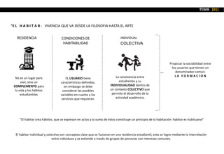 “E L H A B I T A R : VIVENCIA QUE VA DESDE LA FILOSOFIA HASTA EL ARTE
RESIDENCIA CONDICIONES DE
HABITABILIDAD
INDIVIDUAL
COLECTIVA
Propiciar la sociabilidad entre
los usuarios que tienen un
denominador común:
L A F O R M A C I O N
No es un lugar para
vivir, sino un
COMPLEMENTO para
la vida y los hábitos
estudiantiles
EL USUARIO tiene
características definidas,
sin embargo se debe
considerar las posibles
variables en cuanto a los
servicios que requieran.
La convivencia entre
estudiantes y su
INDIVIDUALIDAD dentro de
un contexto COLECTIVO que
permite el desarrollo de la
actividad académica.
“El habitar crea hábitos, que se expresan en actos y la suma de éstos constituye un principio de la habitación: habitar es habituarse”
El habitar individual y colectivo son conceptos clave que se fusionan en una residencia estudiantil, esto se logra mediante la interrelación
entre individuos y se extiende a través de grupos de personas con intereses comunes.
TEMA [01]
 