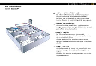 AIRE ACONDICIONADO
Sistema de aire VRV
DISEÑO DE LA MATERIALIDAD [06]
COSTOS DE FUNCIONAMIENTO BAJOS
Los sistemas VRV optimizan el rendimiento estacional
gracias a las unidades exteriores e interiores de alta
eficiencia, a las tecnologías de recuperación de calor e
inverter, al control de gestión inteligente de la energía, etc.
CONTROL PRECISO DE ZONAS
El control individual de cada planta o habitación ahorra
energía. Esta versatilidad hace que el sistema VRV sea ideal
para edificios con varios inquilinos.
CONFORT PERSONAL
Los sistemas VRV proporcionan aire nuevo a la
temperatura correcta, con el nivel correcto de humedad y
con el mínimo nivel sonoro.
Incluyen la tecnología de temperatura de refrigerante
variable y de calefacción continua para evitar corrientes de
aire frío.
GRAN FLEXIBILIDAD
El enfoque modular del sistema VRV es muy flexible para
equilibrar las cargas térmicas de las distintas partes del
edificio.
El sistema VRV IV incluye el configurador VRV para facilitar
la puesta en marcha.
 