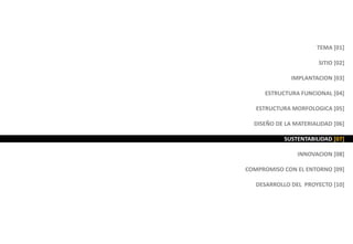TEMA [01]
SITIO [02]
IMPLANTACION [03]
ESTRUCTURA FUNCIONAL [04]
ESTRUCTURA MORFOLOGICA [05]
DISEÑO DE LA MATERIALIDAD [06]
SUSTENTABILIDAD [07]
INNOVACION [08]
COMPROMISO CON EL ENTORNO [09]
DESARROLLO DEL PROYECTO [10]
 