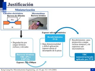 • Degradación por
cargas térmicas
cíclicas y elevadas
Barreras térmicas
TBC (PS o
EBPVD)
• Baja dimensionalidad
y difícil aplicación:
espesor afecta el
desempeño de la pieza
Recubrimientos
PVD • Recubrimientos para
protección a cargas
cíclicas térmicas y de
espesores sub
micrométricos
TBC
nanoestructurado
aplicado por PVD
Barrera de difusión Barrera térmica
MicroturbinasCircuitos electrónicos
4Keng-Liang Ou; Microelectronic Engineering, vol. 83, pp. 312–318 (2006)
Miniaturización
Espesor: 125-1500µm
Espesor sub-micrométrico
 