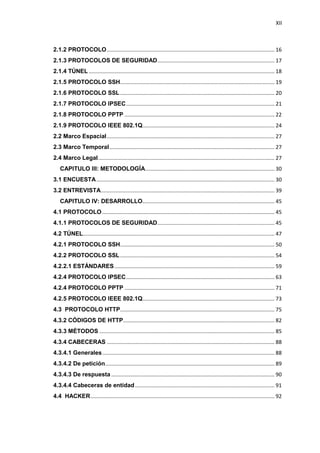 XII



2.1.2 PROTOCOLO ................................................................................................................. 16
2.1.3 PROTOCOLOS DE SEGURIDAD............................................................................... 17
2.1.4 TÚNEL ............................................................................................................................. 18
2.1.5 PROTOCOLO SSH........................................................................................................ 19
2.1.6 PROTOCOLO SSL ........................................................................................................ 20
2.1.7 PROTOCOLO IPSEC .................................................................................................... 21
2.1.8 PROTOCOLO PPTP ..................................................................................................... 22
2.1.9 PROTOCOLO IEEE 802.1Q......................................................................................... 24
2.2 Marco Espacial ................................................................................................................. 27
2.3 Marco Temporal ............................................................................................................... 27
2.4 Marco Legal ....................................................................................................................... 27
3. CAPITULO III: METODOLOGÍA ....................................................................................... 30
3.1 ENCUESTA ........................................................................................................................ 30
3.2 ENTREVISTA ..................................................................................................................... 39
4. CAPITULO IV: DESARROLLO......................................................................................... 45
4.1 PROTOCOLO .................................................................................................................... 45
4.1.1 PROTOCOLOS DE SEGURIDAD............................................................................... 45
4.2 TÚNEL ................................................................................................................................. 47
4.2.1 PROTOCOLO SSH........................................................................................................ 50
4.2.2 PROTOCOLO SSL ........................................................................................................ 54
4.2.2.1 ESTÁNDARES ............................................................................................................ 59
4.2.4 PROTOCOLO IPSEC .................................................................................................... 63
4.2.4 PROTOCOLO PPTP ..................................................................................................... 71
4.2.5 PROTOCOLO IEEE 802.1Q......................................................................................... 73
4.3 PROTOCOLO HTTP........................................................................................................ 75
4.3.2 CÓDIGOS DE HTTP...................................................................................................... 82
4.3.3 MÉTODOS ...................................................................................................................... 85
4.3.4 CABECERAS ................................................................................................................. 88
4.3.4.1 Generales .................................................................................................................... 88
4.3.4.2 De petición .................................................................................................................. 89
4.3.4.3 De respuesta .............................................................................................................. 90
4.3.4.4 Cabeceras de entidad .............................................................................................. 91
4.4 HACKER ............................................................................................................................ 92
 