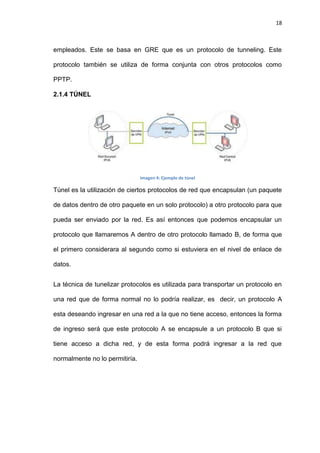 18



empleados. Este se basa en GRE que es un protocolo de tunneling. Este

protocolo también se utiliza de forma conjunta con otros protocolos como

PPTP.

2.1.4 TÚNEL




                                Imagen 4: Ejemplo de túnel

Túnel es la utilización de ciertos protocolos de red que encapsulan (un paquete

de datos dentro de otro paquete en un solo protocolo) a otro protocolo para que

pueda ser enviado por la red. Es así entonces que podemos encapsular un

protocolo que llamaremos A dentro de otro protocolo llamado B, de forma que

el primero considerara al segundo como si estuviera en el nivel de enlace de

datos.


La técnica de tunelizar protocolos es utilizada para transportar un protocolo en

una red que de forma normal no lo podría realizar, es decir, un protocolo A

esta deseando ingresar en una red a la que no tiene acceso, entonces la forma

de ingreso será que este protocolo A se encapsule a un protocolo B que si

tiene acceso a dicha red, y de esta forma podrá ingresar a la red que

normalmente no lo permitiría.
 