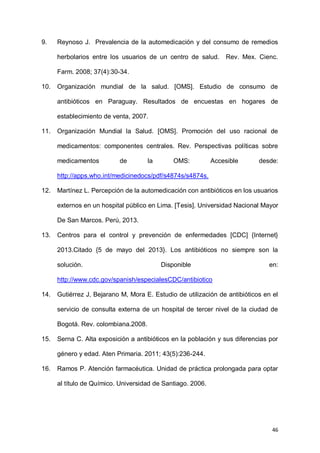 46
9. Reynoso J. Prevalencia de la automedicación y del consumo de remedios
herbolarios entre los usuarios de un centro de salud. Rev. Mex. Cienc.
Farm. 2008; 37(4):30-34.
10. Organización mundial de la salud. [OMS]. Estudio de consumo de
antibióticos en Paraguay. Resultados de encuestas en hogares de
establecimiento de venta, 2007.
11. Organización Mundial la Salud. [OMS]. Promoción del uso racional de
medicamentos: componentes centrales. Rev. Perspectivas políticas sobre
medicamentos de la OMS: Accesible desde:
http://apps.who.int/medicinedocs/pdf/s4874s/s4874s.
12. Martínez L. Percepción de la automedicación con antibióticos en los usuarios
externos en un hospital público en Lima. [Tesis]. Universidad Nacional Mayor
De San Marcos. Perú, 2013.
13. Centros para el control y prevención de enfermedades [CDC] {Internet}
2013.Citado {5 de mayo del 2013}. Los antibióticos no siempre son la
solución. Disponible en:
http://www.cdc.gov/spanish/especialesCDC/antibiotico
14. Gutiérrez J, Bejarano M, Mora E. Estudio de utilización de antibióticos en el
servicio de consulta externa de un hospital de tercer nivel de la ciudad de
Bogotá. Rev. colombiana.2008.
15. Serna C. Alta exposición a antibióticos en la población y sus diferencias por
género y edad. Aten Primaria. 2011; 43(5):236-244.
16. Ramos P. Atención farmacéutica. Unidad de práctica prolongada para optar
al título de Químico. Universidad de Santiago. 2006.
 