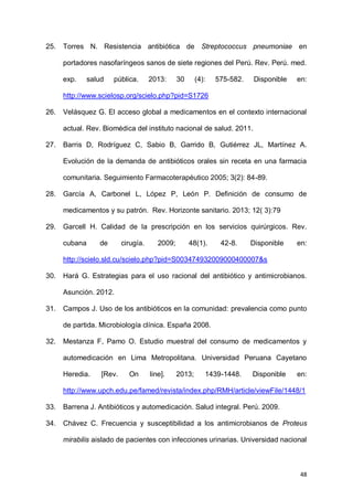 48
25. Torres N. Resistencia antibiótica de Streptococcus pneumoniae en
portadores nasofaríngeos sanos de siete regiones del Perú. Rev. Perú. med.
exp. salud pública. 2013: 30 (4): 575-582. Disponible en:
http://www.scielosp.org/scielo.php?pid=S1726
26. Velásquez G. El acceso global a medicamentos en el contexto internacional
actual. Rev. Biomédica del instituto nacional de salud. 2011.
27. Barris D, Rodríguez C, Sabio B, Garrido B, Gutiérrez JL, Martínez A.
Evolución de la demanda de antibióticos orales sin receta en una farmacia
comunitaria. Seguimiento Farmacoterapéutico 2005; 3(2): 84-89.
28. García A, Carbonel L, López P, León P. Definición de consumo de
medicamentos y su patrón. Rev. Horizonte sanitario. 2013; 12( 3):79
29. Garcell H. Calidad de la prescripción en los servicios quirúrgicos. Rev.
cubana de cirugía. 2009; 48(1). 42-8. Disponible en:
http://scielo.sld.cu/scielo.php?pid=S003474932009000400007&s
30. Hará G. Estrategias para el uso racional del antibiótico y antimicrobianos.
Asunción. 2012.
31. Campos J. Uso de los antibióticos en la comunidad: prevalencia como punto
de partida. Microbiología clínica. España 2008.
32. Mestanza F, Pamo O. Estudio muestral del consumo de medicamentos y
automedicación en Lima Metropolitana. Universidad Peruana Cayetano
Heredia. [Rev. On line]. 2013; 1439-1448. Disponible en:
http://www.upch.edu.pe/famed/revista/index.php/RMH/article/viewFile/1448/1
33. Barrena J. Antibióticos y automedicación. Salud integral. Perú. 2009.
34. Chávez C. Frecuencia y susceptibilidad a los antimicrobianos de Proteus
mirabilis aislado de pacientes con infecciones urinarias. Universidad nacional
 