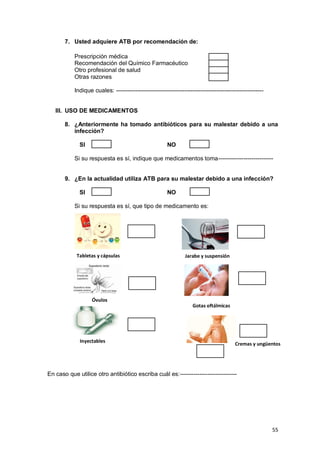 55
7. Usted adquiere ATB por recomendación de:
Prescripción médica
Recomendación del Químico Farmacéutico
Otro profesional de salud
Otras razones
Indique cuales: ---------------------------------------------------------------------------
III. USO DE MEDICAMENTOS
8. ¿Anteriormente ha tomado antibióticos para su malestar debido a una
infección?
SI NO
Si su respuesta es sí, indique que medicamentos toma----------------------------
9. ¿En la actualidad utiliza ATB para su malestar debido a una infección?
SI NO
Si su respuesta es sí, que tipo de medicamento es:
En caso que utilice otro antibiótico escriba cuál es:-----------------------------
Tabletas y cápsulas
Óvulos
Gotas oftálmicas
Jarabe y suspensión
Inyectables
Cremas y ungüentos
 