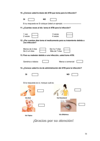 56
10. ¿Conoce usted la dosis del ATB que toma para la infección?
SI NO
Si su respuesta es Si coloque Usted un ejemplo: -----------------------------
11. ¿Cuantas veces al día toma el ATB para la infección?
1 vez 3 veces
2 veces 4 veces
12. ¿Por cuantos días toma el medicamento para su tratamiento debido a
una infección?
Menos de 2 días De 4 a 7 días
De 2 a 4 días Más de 7 días
13. Para su malestar debido a una infección, usted toma ATB:
Genérico o básico Marca o comercial
14. ¿Conoce usted la vía de administración del ATB para la infección?
SI NO
Si la respuesta es sí, marque cuál es:
Vía Oral
Vía Tópica
Vía Parenteral
Vía Oftálmica
 