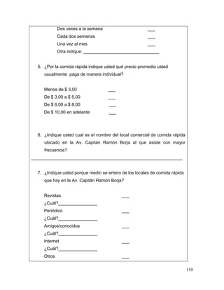 110
Dos veces a la semana ___
Cada dos semanas ___
Una vez al mes ___
Otra indique: _______________________________
5. ¿Por la comida rápida indique usted qué precio promedio usted
usualmente paga de manera individual?
Menos de $ 3,00 ___
De $ 3,00 a $ 5,00 ___
De $ 6,00 a $ 8,00 ___
De $ 10,00 en adelante ___
6. ¿Indique usted cual es el nombre del local comercial de comida rápida
ubicado en la Av. Capitán Ramón Borja al que asiste con mayor
frecuencia?
______________________________________________________________
7. ¿Indique usted porque medio se entero de los locales de comida rápida
que hay en la Av. Capitán Ramón Borja?
Revistas ___
¿Cuál?________________
Periódico ___
¿Cuál?________________
Amigos/conocidos ___
¿Cuál?________________
Internet ___
¿Cuál?________________
Otros ___
 