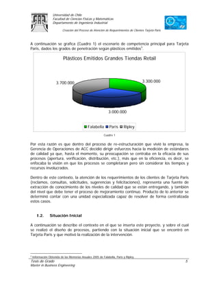 Universidad de Chile
                   Facultad de Ciencias Físicas y Matemáticas
                   Departamento de Ingeniería Industrial

                           Creación del Proceso de Atención de Requerimientos de Clientes Tarjeta Paris



A continuación se grafica (Cuadro 1) el escenario de competencia principal para Tarjeta
Paris, dados los grados de penetración según plásticos emitidos3.

                           Plásticos Emitidos Grandes Tiendas Retail



                      3.700.000                                                         3.300.000




                                                              3.000.000


                                              Falabella        Paris      Ripley
                                                           Cuadro 1


Por esta razón es que dentro del proceso de re-estructuración que vivió la empresa, la
Gerencia de Operaciones de ACC decidió dirigir esfuerzos hacia la medición de estándares
de calidad ya que, hasta el momento, su preocupación se centraba en la eficacia de sus
procesos (apertura, verificación, distribución, etc.), más que en la eficiencia, es decir, se
enfocaba la visión en que los procesos se completaran pero sin considerar los tiempos y
recursos involucrados.

Dentro de este contexto, la atención de los requerimientos de los clientes de Tarjeta Paris
(reclamos, consultas, solicitudes, sugerencias y felicitaciones), representa una fuente de
extracción de conocimiento de los niveles de calidad que se están entregando, y también
del nivel que debe tener el proceso de mejoramiento continuo. Producto de lo anterior se
determinó contar con una unidad especializada capaz de resolver de forma centralizada
estos casos.


       I.2.      Situación Inicial

A continuación se describe el contexto en el que se inserta este proyecto, y sobre el cual
se realizó el diseño de procesos, partiendo con la situación inicial que se encontró en
Tarjeta Paris y que motivó la realización de la intervención.




3
    Información Obtenida de las Memorias Anuales 2005 de Falabella, Paris y Ripley.
Tesis de Grado                                                                                            5
Master in Business Engineering
 