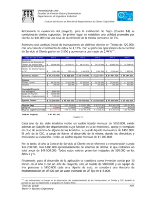 Universidad de Chile
                   Facultad de Ciencias Físicas y Matemáticas
                   Departamento de Ingeniería Industrial

                           Creación del Proceso de Atención de Requerimientos de Clientes Tarjeta Paris



Retomando la evaluación del proyecto, para la estimación de flujos (Cuadro 14) se
considerarán ciertos supuestos. En primer lugar se establece una utilidad promedio por
cliente de $30.000 con una tasa de crecimiento de la misma constante de 7%.

Asimismo una cantidad inicial de transacciones de distintos clientes en Tienda de 120.000,
con una tasa de crecimiento de éstas de 4,17%. Por su parte las operaciones de la Central
de Servicio al Cliente parten en 3.500 y aumentan a una razón de 2,94%177.

    Flujo de Caja 5 Años             año 0              año 1              año 2              año 3              año 4              año 5
Beneficios
Beneficios por Retención de
Clientes via Sistema WEB       $     53.568.000    $    59.707.911    $    66.551.572    $   74.179.646     $    82.682.043    $    92.158.976
Beneficios por Retención de
Clientes via Sistema Ingreso
a CSC                          $      1.562.400    $     1.720.918    $     1.895.519    $     2.087.834    $     2.299.662    $     2.532.981

Beneficios Totales             $ 55.130.400        $ 61.428.829       $ 68.447.090       $ 76.267.481       $ 84.981.705       $ 94.691.957

Egresos
Sueldos Central                $     49.200.000    $    49.200.000    $    55.200.000    $   55.200.000     $    55.200.000    $    61.200.000
Insumos                        $        300.000    $       300.000    $       350.000    $      350.000     $       350.000    $       400.000

Inversion Proyecto
Jefe de Proyecto               $      8.000.000
Equipo de Proyecto             $     13.500.000
Desarrollo e Implementación    $      7.200.000

Egresos Totales                $ 78.200.000        $ 49.500.000       $ 55.550.000       $ 55.550.000       $ 55.550.000       $ 61.600.000

Flujo de Caja                       $ 23.069.600       $ 11.928.829       $ 12.897.090       $ 20.717.481       $ 29.431.705       $ 33.091.957
(1+r)^n                                 1,000000           1,130000           1,276900           1,442897           1,630474           1,842435
Flujo de Caja Descontado            $ 23.069.600       $ 10.556.485       $ 10.100.314       $ 14.358.253       $ 18.051.016       $ 17.960.989

VAN del Proyecto                   $ 47.957.457
                                                                 Cuadro 14


Cada uno de los siete Analistas recibe un sueldo líquido mensual de $350.000, existe
además un Subjefe del departamento cuya función es la de monitoreo, apoyo y reemplazo
en caso de ausencia de alguno de los Analistas, su sueldo líquido mensual es de $450.000.
El Jefe de la CSC, a cargo de liderar el desarrollo de la misma, dando las directrices y
motivando su evolución, recibe un sueldo líquido mensual de $1.200.000.

Por lo tanto, al año la Central de Servicio al Cliente en lo referente a remuneración cuesta
$49.200.000, más $300.000 aproximadamente de insumos de oficina, lo que redondea un
total anual de $49.500.000. Todos estos valores presentan reajustes de $50.000 en los
Años 2 y 5.

Finalmente, para el desarrollo de la aplicación se considera como inversión contar por 10
meses en el Año 0 con un Jefe de Proyecto, con un sueldo de $800.000 y un equipo de
tres personas a $450.000 cada una. Aparte de esto, se considera una Asesoría de
implementación de UF400 con un valor estimado de UF fijo en $18.000.


177
   Las estimaciones se basan en la observación del comportamiento de las transacciones en Tienda y CSC durante el
período en que se implementó el programa en Tarjeta Paris.
Tesis de Grado                                                                                                                           104
Master in Business Engineering
 