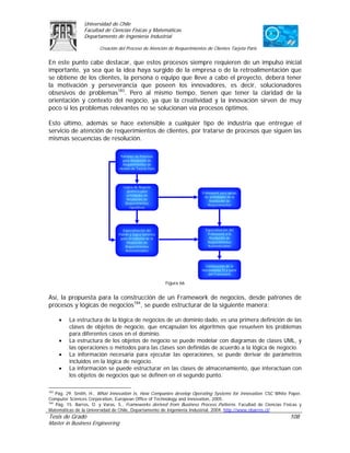 Universidad de Chile
                Facultad de Ciencias Físicas y Matemáticas
                Departamento de Ingeniería Industrial

                       Creación del Proceso de Atención de Requerimientos de Clientes Tarjeta Paris

En este punto cabe destacar, que estos procesos siempre requieren de un impulso inicial
importante, ya sea que la idea haya surgido de la empresa o de la retroalimentación que
se obtiene de los clientes, la persona o equipo que lleve a cabo el proyecto, deberá tener
la motivación y perseverancia que poseen los innovadores, es decir, solucionadores
obsesivos de problemas183. Pero al mismo tiempo, tienen que tener la claridad de la
orientación y contexto del negocio, ya que la creatividad y la innovación sirven de muy
poco si los problemas relevantes no se solucionan vía procesos óptimos.

Esto último, además se hace extensible a cualquier tipo de industria que entregue el
servicio de atención de requerimientos de clientes, por tratarse de procesos que siguen las
mismas secuencias de resolución.

                                 Patrones de Procesos
                                   para Resolución de
                                   Requerimientos de
                                clientes de Tarjeta Paris




                                  Lógica de Negocio
                                    genérica para                       Framework para apoyo
                                    actividades de                        de actividades de la
                                    Resolución de                            Resolución de
                                   Requerimientos                           Requerimientos
                                      repetitivos




                                   Especialización del                    Especialización del
                                Patrón y lógica Genérica                   Framework a la
                                 para el rediseño de la                     Resolución de
                                     Resolución de                         Requerimientos
                                    Requerimientos                         Automatizables
                                    Automatizables



                                                                          Construcción de la
                                                                        Herramienta TI a partir
                                                                            del Framework

                                                            Figura 66


Así, la propuesta para la construcción de un Framework de negocios, desde patrones de
procesos y lógicas de negocios184, se puede estructurar de la siguiente manera:

      •   La estructura de la lógica de negocios de un dominio dado, es una primera definición de las
          clases de objetos de negocio, que encapsulan los algoritmos que resuelven los problemas
          para diferentes casos en el dominio.
      •   La estructura de los objetos de negocio se puede modelar con diagramas de clases UML, y
          las operaciones o métodos para las clases son definidas de acuerdo a la lógica de negocio.
      •   La información necesaria para ejecutar las operaciones, se puede derivar de parámetros
          incluidos en la lógica de negocio.
      •   La información se puede estructurar en las clases de almacenamiento, que interactúan con
          los objetos de negocios que se definen en el segundo punto.

183
    Pág. 29. Smith, H., What Innovation Is, How Companies develop Operating Systems for Innovation. CSC White Paper,
Computer Sciences Corporation, European Office of Technology and Innovation, 2005.
184
    Pág. 15. Barros, O. y Varas, S., Frameworks derived from Business Process Patterns. Facultad de Ciencias Físicas y
Matemáticas de la Universidad de Chile, Departamento de Ingeniería Industrial, 2004. http://www.obarros.cl/
Tesis de Grado                                                                                                  108
Master in Business Engineering
 