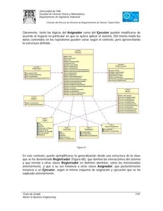 Universidad de Chile
               Facultad de Ciencias Físicas y Matemáticas
               Departamento de Ingeniería Industrial

                     Creación del Proceso de Atención de Requerimientos de Clientes Tarjeta Paris



Claramente, tanto las lógicas del Asignador como del Ejecutor pueden modificarse de
acuerdo al negocio en particular en que se quiera aplicar el sistema. Del mismo modo los
datos contenidos en los repositorios pueden variar según el contexto, pero aprovechando
la estructura definida.




                                                    Figura 67



En este contexto, puede ejemplificarse la generalización desde una estructura de la clase
que se ha denominado Registrador (Figura 68), que domina las interacciones del sistema
y que hereda a otras clases Registrador en distintos dominios, como los mencionados
anteriormente, y que a su vez instancia a otras clases Asignador, que posteriormente
instancia a un Ejecutor, según el mismo esquema de asignación y ejecución que se ha
explicado anteriormente.




Tesis de Grado                                                                                      110
Master in Business Engineering
 