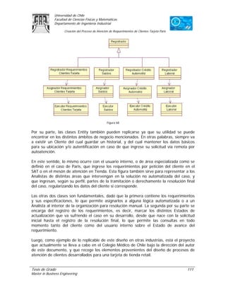 Universidad de Chile
               Facultad de Ciencias Físicas y Matemáticas
               Departamento de Ingeniería Industrial

                     Creación del Proceso de Atención de Requerimientos de Clientes Tarjeta Paris




                                                    Figura 68


Por su parte, las clases Entity también pueden replicarse ya que su utilidad se puede
encontrar en los distintos ámbitos de negocio mencionados. En otras palabras, siempre va
a existir un Cliente del cual guardar un historial, y del cual mantener los datos básicos
para su ubicación y/o autentificación en caso de que ingrese su solicitud vía remota por
autoatención.

En este sentido, lo mismo ocurre con el usuario interno, o de área especializada como se
definió en el caso de Paris, que ingrese los requerimientos por petición del cliente en el
SAT o en el mesón de atención en Tienda. Esta figura también sirve para representar a los
Analistas de distintas áreas que intervengan en la solución no automatizada del caso, y
que ingresan, según su perfil, partes de la tramitación o derechamente la resolución final
del caso, regularizando los datos del cliente si corresponde.

Las otras dos clases son fundamentales, dado que la primera contiene los requerimientos
y sus especificaciones, lo que permite asignarlos a alguna lógica automatizada o a un
Analista al interior de la organización para resolución manual. La segunda por su parte se
encarga del registro de los requerimientos, es decir, marcar los distintos Estados de
actualización que va sufriendo el caso en su desarrollo, desde que nace con la solicitud
inicial hasta el registro de la resolución final, lo que permite las consultas en todo
momento tanto del cliente como del usuario interno sobre el Estado de avance del
requerimiento.

Luego, como ejemplo de lo replicable de este diseño en otras industrias, está el proyecto
que actualmente se lleva a cabo en el Colegio Médico de Chile bajo la dirección del autor
de este documento, y que recoge los elementos provenientes del diseño de procesos de
atención de clientes desarrollados para una tarjeta de tienda retail.


Tesis de Grado                                                                                      111
Master in Business Engineering
 