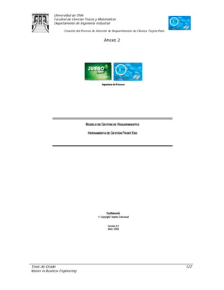 Universidad de Chile
               Facultad de Ciencias Físicas y Matemáticas
               Departamento de Ingeniería Industrial

                     Creación del Proceso de Atención de Requerimientos de Clientes Tarjeta Paris


                                                   Anexo 2




Tesis de Grado                                                                                      122
Master in Business Engineering
 
