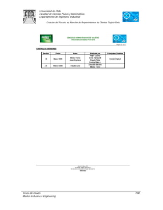 Universidad de Chile
               Facultad de Ciencias Físicas y Matemáticas
               Departamento de Ingeniería Industrial

                     Creación del Proceso de Atención de Requerimientos de Clientes Tarjeta Paris




Tesis de Grado                                                                                      138
Master in Business Engineering
 