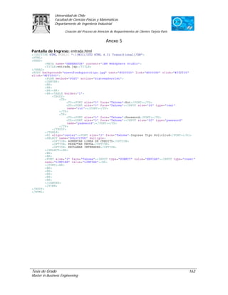 Universidad de Chile
               Facultad de Ciencias Físicas y Matemáticas
               Departamento de Ingeniería Industrial

                     Creación del Proceso de Atención de Requerimientos de Clientes Tarjeta Paris


                                                   Anexo 5

Pantalla de Ingreso: entrada.html
<!DOCTYPE HTML PUBLIC "-//W3C//DTD HTML 4.01 Transitional//EN">
<HTML>
<HEAD>
        <META name="GENERATOR" content="IBM WebSphere Studio">
        <TITLE>entrada.jsp</TITLE>
</HEAD>
<BODY background="nuevofondoprototipo.jpg" text="#000000" link="#000099" vlink="#ffff00"
alink="#ff0000">
        <FORM method="POST" action="SistemaServlet">
        <CENTER>
        <BR>
        <BR>
        <BR><BR>
        <BR><TABLE border="1">
             <TBODY>
                 <TR>
                      <TD><FONT size="3" face="Tahoma">Rut</FONT></TD>
                      <TD><FONT size="3" face="Tahoma"><INPUT size="20" type="text"
                      name="rut"></FONT></TD>
                 </TR>
                 <TR>
                      <TD><FONT size="3" face="Tahoma">Password</FONT></TD>
                      <TD><FONT size="3" face="Tahoma"><INPUT size="20" type="password"
                      name="password"></FONT></TD>
                 </TR>
             </TBODY>
        </TABLE>
        <H3 align="center"><FONT size="3" face="Tahoma">Ingrese Tipo Solicitud</FONT></H3>
        <SELECT name="SOLICITUD" multiple>
             <OPTION> AUMENTAR LINEA DE CREDITO</OPTION>
             <OPTION> REPACTAR DEUDA</OPTION>
             <OPTION> RECLAMAR INTERESES</OPTION>
        </SELECT><BR>
        <BR>
        <BR>
        <FONT size="3" face="Tahoma"><INPUT type="SUBMIT" value="ENVIAR"><INPUT type="reset"
        name="LIMPIAR" value="LIMPIAR"><BR>
        </FONT><BR>
        <BR>
        <BR>
        <BR>
        <BR>
        <BR>
        </CENTER>
        </FORM>
</BODY>
</HTML>




Tesis de Grado                                                                                      163
Master in Business Engineering
 