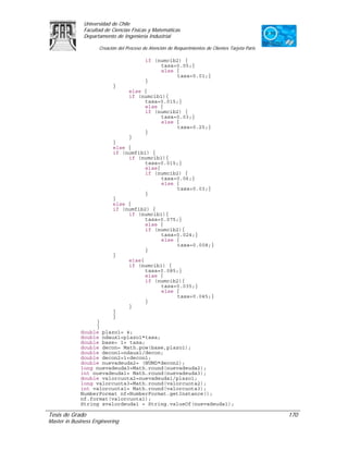 Universidad de Chile
               Facultad de Ciencias Físicas y Matemáticas
               Departamento de Ingeniería Industrial

                     Creación del Proceso de Atención de Requerimientos de Clientes Tarjeta Paris

                                           if (numcib2) {
                                                tasa=0.05;}
                                                else {
                                                     tasa=0.01;}
                                           }
                           }
                                   else {
                                   if (numcib1){
                                        tasa=0.015;}
                                        else {
                                        if (numcib2) {
                                              tasa=0.03;}
                                              else {
                                                   tasa=0.25;}
                                        }
                                   }
                           }
                           else {
                           if (numfib1) {
                                if (numcib1){
                                      tasa=0.015;}
                                      else{
                                      if (numcib2) {
                                            tasa=0.06;}
                                            else {
                                                 tasa=0.03;}
                                      }
                           }
                           else {
                           if (numfib2) {
                                if (numcib1){
                                      tasa=0.075;}
                                      else {
                                      if (numcib2){
                                            tasa=0.024;}
                                            else {
                                                 tasa=0.008;}
                                      }
                           }
                                else{
                                if (numcib1) {
                                      tasa=0.085;}
                                      else {
                                      if (numcib2){
                                            tasa=0.035;}
                                            else {
                                                 tasa=0.045;}
                                      }
                                }
                           }
                           }
                  }
                  }
             double plazo1= 4;
             double ndaux1=plazo1*tasa;
             double base= 1+ tasa;
             double decon= Math.pow(base,plazo1);
             double decon1=ndaux1/decon;
             double decon2=1+decon1;
             double nuevadeuda2= (NUMD*decon2);
             long nuevadeuda3=Math.round(nuevadeuda2);
             int nuevadeuda1= Math.round(nuevadeuda3);
             double valorcuota2=nuevadeuda1/plazo1;
             long valorcuota3=Math.round(valorcuota2);
             int valorcuota1= Math.round(valorcuota3);
             NumberFormat nf=NumberFormat.getInstance();
             nf.format(valorcuota1);
             String svalordeuda1 = String.valueOf(nuevadeuda1);

Tesis de Grado                                                                                      170
Master in Business Engineering
 