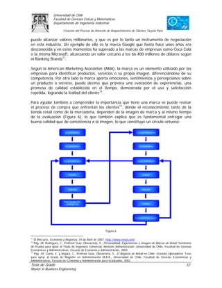 Universidad de Chile
                 Facultad de Ciencias Físicas y Matemáticas
                 Departamento de Ingeniería Industrial

                         Creación del Proceso de Atención de Requerimientos de Clientes Tarjeta Paris

puede alcanzar valores millonarios, y que es por lo tanto un instrumento de negociación
en esta industria. Un ejemplo de ello es la marca Google que hasta hace unos años era
desconocida y en estos momentos ha superado a las marcas de empresas como Coca Cola
o la misma Microsoft, alcanzando un valor cercano a los 66.400 millones de dólares según
el Ranking Brandz11.

Según la American Marketing Asociation (AMA), la marca es un elemento utilizado por las
empresas para identificar productos, servicios o su propia imagen, diferenciándose de su
competencia. Por otro lado la marca aporta emociones, sentimientos y percepciones sobre
un producto o servicio, puede decirse que provoca una evocación de experiencias, una
promesa de calidad establecida en el tiempo, demostrada por el uso y satisfacción
repetida, logrando la lealtad del cliente12.

Para ayudar también a comprender la importancia que tiene una marca se puede revisar
el proceso de compra que enfrentan los clientes13, donde el reconocimiento tanto de la
tienda retail como de la mercadería, dependen de la imagen de marca y al mismo tiempo
de la evaluación (Figura 6), lo que también explica que es fundamental entregar una
buena calidad que de consistencia a la imagen, lo que constituye un círculo virtuoso:

                          Selección Retail                                        Selección Mercadería




                          Reconocimiento                                            Reconocimiento




                         Bus car Información                                       Buscar Información




                               Evaluar                                                  Evaluar




                              Selección                                                Selección




                         Visita Tienda, Sito,
                           Catálogo, etc.                                               Compra




                                                                                 Evaluación Post-Compra




                                                          Figura 6

11
   El Mercurio, Economía y Negocios. 24 de Abril de 2007. http://www.emol.com/
12
   Pág. 28. Rodríguez, C., Profesor Guía: Olavarrieta, S., Personalidad, Experiencias e Imagen de Marcas de Retail. Seminario
de Prueba para optar al Título de Ingeniero Comercial, Mención Administración, Universidad de Chile, Facultad de Ciencias
Económicas y Administrativas, Escuela de Economía y Administración, 2003.
13
   Pág. 34. Cueto, E. y Segura, C., Profesor Guía: Olavarrieta, S., El Negocio de Retail en Chile: Grandes Operadores. Tesis
para optar al Grado de Magíster en Administración M.B.A., Universidad de Chile, Facultad de Ciencias Económicas y
Administrativas, Escuela de Economía y Administración para Graduados, 2002.
Tesis de Grado                                                                                                          12
Master in Business Engineering
 