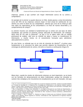 Universidad de Chile
                 Facultad de Ciencias Físicas y Matemáticas
                 Departamento de Ingeniería Industrial

                          Creación del Proceso de Atención de Requerimientos de Clientes Tarjeta Paris

empresas, gracias a que cuentan con mayor información acerca de su cartera y
competidores.

Un ejemplo de lo anterior se puede observar en Chile, donde gracias a estas herramientas
cerca del 70% de las empresas conocen mejor el nivel actual de satisfacción de sus
clientes así como la oferta de sus competidores, además que cerca de la mitad ya sabe
más sobre las expectativas de los consumidores a la hora de nuevos desarrollos y su
comportamiento de compra50.

Lo anterior muestra con claridad lo fundamental que es contar con una base de datos
actualizada, que permita un posterior manejo adecuado de información. Sin embargo,
dicha mina de oro sólo es potencial51, ya que si no se aplica sobre ella un trabajo
profesional de análisis, sólo será un montón de datos y nunca se transformará en
información, y mucho menos en el conocimiento necesario para administrar
adecuadamente la cartera.

De esta forma, se entiende que en un ciclo de retención de clientes52, el primer paso
fundamental es la estructura de datos que permite elaborar los lineamientos de una
estrategia de administración de cartera, tal como se muestra a continuación (Figura 9):

                                                                      Rentabilidad de Clientes
                                                                         / Lifetime Value




          Datos de Clientes                Modelos de Fuga                                       Medidas de Retención




                                                             Reacción de los Clientes



                                                             Figura 9


Ahora bien, cuando los niveles de información alcanzan un nivel importante, ya no basta
con los formatos de almacenamiento de datos tradicionales, porque las consultas se
vuelven más complejas y los mecanismos de actualizaciones ya no son manuales, sino que

50
   Pág. 44. Centro de Estudios de la Economía Digital CCS, Escuela de Ingeniería UC/CETIUC, Instituto de Estudios Mediales
UC e Instituto de Sociología UC., El Impacto de las Tecnologías de la Información en las Empresas Chilenas respecto a
España y Estados Unidos: Resultados de la Primera Encuesta BITChile 2005. Business and Information Technologies (BIT)
Project – Chile (Proyecto Fondecyt 1050769), Santiago de Chile, Marzo 2006.
51
   Pág. 78. Bustamante, A., Profesor Guía: Betancourt, P., La Imagen y Percepción de una Tienda por Departamentos, a
través de la Percepción de los Clientes, Caso Ilustrativo de Almacenes París. Seminario de Prueba para optar al Título de
Ingeniero Comercial, Mención Administración, Universidad de Chile, Facultad de Ciencias Económicas y Administrativas,
Escuela de Economía y Administración, 2004.
52
   Pág. 51. Miranda, J.; Rey, P. y Weber, R., Predicción de Fugas de Clientes para una Institución Financiera mediante
Support Vector Machines. Revista Ingeniería en Sistemas, Universidad de Chile, Departamento de Ingeniería Industrial,
Volumen XIX, Octubre 2005.
Tesis de Grado                                                                                                          23
Master in Business Engineering
 