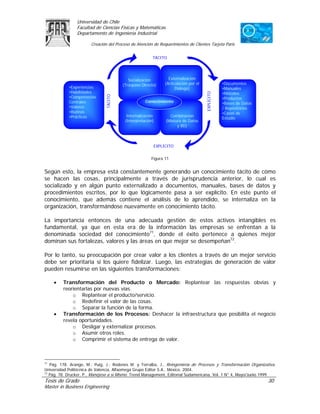 Universidad de Chile
                Facultad de Ciencias Físicas y Matemáticas
                Departamento de Ingeniería Industrial

                       Creación del Proceso de Atención de Requerimientos de Clientes Tarjeta Paris


                                                        TÁCITO




                                           Socialización        Externalización
                                        (Traspaso Directo)    (Articulación por el               •Documentos
            •Experiencias                                           Diálogo)                     •Manuales
            •Habilidades                                                                         •Métodos




                                                                                     EXPLÍCITO
                               TÁCITO
            •Competencias                                                                        •Productos
            Centrales                               Conocimiento                                 •Bases de Datos
            •Valores                                                                             / Repositorios
            •Rutinas                                                                             •Casos de
            •Prácticas                    Internalización       Combinación
                                                                                                 Estudio
                                         (Interpretación)     (Mixtura de Datos
                                                                    y BD)



                                                        EXPLÍCITO


                                                       Figura 11


Según esto, la empresa está constantemente generando un conocimiento tácito de cómo
se hacen las cosas, principalmente a través de jurisprudencia anterior, lo cual es
socializado y en algún punto externalizado a documentos, manuales, bases de datos y
procedimientos escritos, por lo que lógicamente pasa a ser explícito. En este punto el
conocimiento, que además contiene el análisis de lo aprendido, se internaliza en la
organización, transformándose nuevamente en conocimiento tácito.

La importancia entonces de una adecuada gestión de estos activos intangibles es
fundamental, ya que en esta era de la información las empresas se enfrentan a la
denominada sociedad del conocimiento71, donde el éxito pertenece a quienes mejor
dominan sus fortalezas, valores y las áreas en que mejor se desempeñan72.

Por lo tanto, su preocupación por crear valor a los clientes a través de un mejor servicio
debe ser prioritaria si los quiere fidelizar. Luego, las estrategias de generación de valor
pueden resumirse en las siguientes transformaciones:

     •   Transformación del Producto o Mercado: Replantear las respuestas obvias y
         reorientarlas por nuevas vías.
             o Replantear el producto/servicio.
             o Redefinir el valor de las cosas.
             o Separar la función de la forma.
     •   Transformación de los Procesos: Deshacer la infraestructura que posibilita el negocio
         revela oportunidades.
             o Desligar y externalizar procesos.
             o Asumir otros roles.
             o Comprimir el sistema de entrega de valor.



71
   Pág. 178. Arango, M.; Puig, J.; Rodenes M. y Torralba, J., Reingeniería de Procesos y Transformación Organizativa.
Universidad Politécnica de Valencia, Alfaomega Grupo Editor S.A., México, 2004.
72
   Pág. 78. Drucker, P., Manéjese a sí Mismo. Trend Management, Editorial Sudamericana, Vol. 1 N° 4, Mayo/Junio 1999.
Tesis de Grado                                                                                                     30
Master in Business Engineering
 