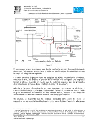 Universidad de Chile
                Facultad de Ciencias Físicas y Matemáticas
                Departamento de Ingeniería Industrial

                        Creación del Proceso de Atención de Requerimientos de Clientes Tarjeta Paris




                                                       Figura 19


El proceso que se abordó entonces para diseñar es el de la atención de requerimientos de
clientes de Tarjetas París a través de la creación de una Central de Servicio al Cliente, con
la mayor eficacia y eficiencia posible.

Se define entonces el proceso como la recepción de dichos requerimientos (reclamos,
consultas u otros), su análisis, la gestión de la solución y la entrega de una respuesta
formal al cliente, teniendo en mente que la evidencia muestra que los principales
determinantes en la imagen de un retail son el precio y la atención109.

Además se hace una diferencia entre los casos ingresados directamente por el cliente, y
los requerimientos cuyo ingreso y procesamiento es asistido por un Analista, ya que lo que
se pudo implementar de inmediato es este proceso manual, dejando la otra etapa de
autoatención con el diseño de la herramienta TI de apoyo para después.

Del análisis, se desprende que los procesos abordados como parte del diseño se
encuentran en una adaptación del patrón conocido como Gestión, Producción y Provisión



109
   Pág. 62. Bustamante, A., Profesor Guía: Betancourt, P., La Imagen y Percepción de una Tienda por Departamentos, a
través de la Percepción de los Clientes, Caso Ilustrativo de Almacenes París. Seminario de Prueba para optar al Título de
Ingeniero Comercial, Mención Administración, Universidad de Chile, Facultad de Ciencias Económicas y Administrativas,
Escuela de Economía y Administración, 2004.
Tesis de Grado                                                                                                      42
Master in Business Engineering
 