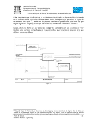 Universidad de Chile
                 Facultad de Ciencias Físicas y Matemáticas
                 Departamento de Ingeniería Industrial

                        Creación del Proceso de Atención de Requerimientos de Clientes Tarjeta Paris

Cabe mencionar que en el caso de la resolución automatizada, el diseño se hizo pensando
en la realidad actual, donde los clientes tienen un rol protagónico ya que se da la lógica de
un modelo tipo “pull”112, donde no es posible controlarlos puesto que son ellos los que
eligen ingresar a las propuestas que les interesan, siendo vital conocer su feedback.

Luego, el diseño tiene que ser capaz de recoger las variaciones en las necesidades y ser
flexible ante cambios en tipologías de requerimientos, que variarán de acuerdo a lo que
definan los consumidores.




                                                        Figura 24




112
    Pág. 22. Tapia, T., Profesor Guía: Olavarrieta, S., Webshopping: Factores del Diseño de Páginas Web de Retail que
Influyen en la Compra por Internet en Chile. Seminario de Prueba para optar al Título de Ingeniero Comercial, Mención
Administración, Universidad de Chile, Facultad de Economía y Negocios, Escuela de Economía y Administración, 2006.
Tesis de Grado                                                                                                       46
Master in Business Engineering
 