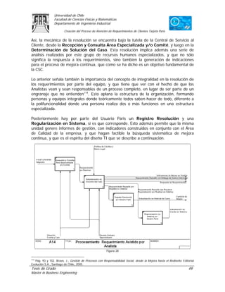 Universidad de Chile
                Facultad de Ciencias Físicas y Matemáticas
                Departamento de Ingeniería Industrial

                        Creación del Proceso de Atención de Requerimientos de Clientes Tarjeta Paris

Así, la mecánica de la resolución se encuentra bajo la tutela de la Central de Servicio al
Cliente, desde la Recepción y Consulta Área Especializada y/o Comité, y luego en la
Determinación de Solución del Caso. Esta resolución implica además una serie de
análisis realizados por este grupo de recursos humanos especializados, y que no sólo
significa la respuesta a los requerimientos, sino también la generación de indicaciones
para el proceso de mejora continua, que como se ha dicho es un objetivo fundamental de
la CSC.

Lo anterior señala también la importancia del concepto de integralidad en la resolución de
los requerimientos por parte del equipo, y que tiene que ver con el hecho de que los
Analistas vean y sean responsables de un proceso completo, en lugar de ser parte de un
engranaje que no entienden114. Esto aplana la estructura de la organización, formando
personas y equipos integrales donde teóricamente todos saben hacer de todo, diferente a
la polifuncionalidad donde una persona realiza dos o más funciones en una estructura
especializada.

Posteriormente hay por parte del Usuario Paris un Registro Resolución y una
Regularización en Sistema, si es que corresponde. Esto además permite que la misma
unidad genere informes de gestión, con indicadores construidos en conjunto con el Área
de Calidad de la empresa, y que hagan factible la búsqueda sistemática de mejora
continua, y que es el espíritu del diseño TI que se describe a continuación.




                                                       Figura 28

114
   Pág. 93 y 102. Bravo, J., Gestión de Procesos con Responsabilidad Social, desde la Mejora hasta el Rediseño. Editorial
Evolución S.A., Santiago de Chile, 2005.
Tesis de Grado                                                                                                      49
Master in Business Engineering
 