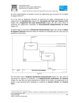 Universidad de Chile
                Facultad de Ciencias Físicas y Matemáticas
                Departamento de Ingeniería Industrial

                        Creación del Proceso de Atención de Requerimientos de Clientes Tarjeta Paris

de estos requerimientos se visualiza a través de subprocesos que se basaron en el modelo
de Apoyo Internet123.

Ya se ha visto en diagramas anteriores la estructura de apoyo computacional en los
subprocesos de Autoatención (Figura 24), Recepción del Caso por Usuario Paris
(Figura 25) y Asignación del Caso Automatizada (Figura 26), por lo que ahora se
mostrarán los subprocesos contenidos en Procesamiento Requerimiento en Línea
(Figura 27).

En primer lugar se encuentra la Resolución Automatizada (Figura 30), donde la Lógica
de Negocio Solución almacena todos los métodos de resolución para los casos que son
posibles de automatizar.




                                                       Figura 30


Por otra parte están el Registro Resolución Automatizada (Figura 31), que recibe la
invocación de registrar la resolución, y la Regularización Automática en Sistema
(Figura 32), que hace de forma automática el registro de la misma, la actualización en la
cuenta y que posteriormente despliega la respuesta al Usuario Cliente y/o Usuario
Paris.




123
   Pág. 150. Barros, O., Ingeniería e-Business, Ingeniería de Negocios para la Economía Digital. Comunicaciones Noreste
Ltda., Santiago de Chile, 2004.
Tesis de Grado                                                                                                     54
Master in Business Engineering
 