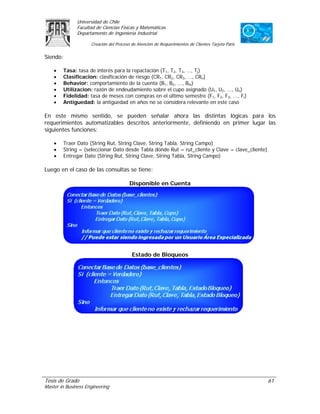 Universidad de Chile
               Facultad de Ciencias Físicas y Matemáticas
               Departamento de Ingeniería Industrial

                     Creación del Proceso de Atención de Requerimientos de Clientes Tarjeta Paris

Siendo:

    •   Tasa: tasa de interés para la repactación (T1, T2, T3, …, Tj)
    •   Clasificacion: clasificación de riesgo (CR1, CR2, CR3, …, CRn)
    •   Behavior: comportamiento de la cuenta (B1, B2, ..., Bm)
    •   Utilizacion: razón de endeudamiento sobre el cupo asignado (U1, U2, ..., Uo)
    •   Fidelidad: tasa de meses con compras en el último semestre (F1, F2, F3, ..., Fi)
    •   Antiguedad: la antigüedad en años no se considera relevante en este caso

En este mismo sentido, se pueden señalar ahora las distintas lógicas para los
requerimientos automatizables descritos anteriormente, definiendo en primer lugar las
siguientes funciones:

    •   Traer Dato (String Rut, String Clave, String Tabla, String Campo)
    •   String = (seleccionar Dato desde Tabla donde Rut = rut_cliente y Clave = clave_cliente)
    •   Entregar Dato (String Rut, String Clave, String Tabla, String Campo)

Luego en el caso de las consultas se tiene:

                                         Disponible en Cuenta




                                          Estado de Bloqueos




Tesis de Grado                                                                                      61
Master in Business Engineering
 