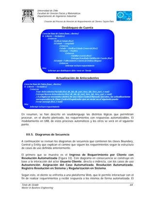 Universidad de Chile
               Facultad de Ciencias Físicas y Matemáticas
               Departamento de Ingeniería Industrial

                     Creación del Proceso de Atención de Requerimientos de Clientes Tarjeta Paris

                                        Desbloqueo de Cuenta




                                  Actualización de Antecedentes




En resumen, se han descrito en seudolenguaje las distintas lógicas que permitirían
procesar, en el diseño planteado, los requerimientos con respuestas automatizables. El
modelamiento en UML de estos procesos automáticos y los otros se verá en el siguiente
punto.


    III.5. Diagramas de Secuencia

A continuación se revisan los diagramas de secuencia que contienen las clases Boundary,
Control y Entity que explican el camino que siguen los requerimientos según la estructura
de casos de uso definida anteriormente.

El primero que se muestra es el Ingreso de Requerimiento por Cliente con
Resolución Automatizada (Figura 33). Este diagrama en consecuencia se construye en
base a la interacción del actor Usuario Cliente, directa o indirecta, con los casos de uso
Autoatención, Asignación del Caso Automatizada, Resolución Automatizada,
Registro Resolución en Sistema y Regularización en Sistema.

Según esto, el cliente se enfrenta a una plataforma Web, que le permite interactuar con el
fin de realizar requerimientos y recibir respuesta a los mismos de forma automatizada. El

Tesis de Grado                                                                                      64
Master in Business Engineering
 