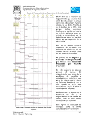 Universidad de Chile
               Facultad de Ciencias Físicas y Matemáticas
               Departamento de Ingeniería Industrial

                     Creación del Proceso de Atención de Requerimientos de Clientes Tarjeta Paris

                                                                          El otro lado de la resolución de
                                                                          requerimientos y a su vez el más
                                                                          difícil de estandarizar, es el que
                                                                          contempla intervención humana
                                                                          directa, ya sea de los Analistas o
                                                                          de la jefatura de la CSC. Esto
                                                                          porque       dichas     decisiones
                                                                          implican una revisión del caso y
                                                                          de distintas variables según un
                                                                          criterio y conocimiento de la
                                                                          industria que están en un nivel
                                                                          tácito, ya que dependen de la
                                                                          experiencia.

                                                                          Aún así es posible construir
                                                                          diagramas de secuencia que
                                                                          muestren la interacción de los
                                                                          actores con los distintos casos
                                                                          de uso en estas situaciones.

                                                                          El primero es el Ingreso y
                                                                          Consulta de Requerimiento
                                                                          por Cliente con Resolución
                                                                          Procesada    por   Analista
                                                                          (Figura 35).

                                                                          En este esquema se observa
                                                                          primero      el   ingreso    del
                                                                          requerimiento, para luego dar la
                                                                          posibilidad de consultas y
                                                                          actualizaciones posteriores por
                                                                          parte del mismo usuario interno
                                                                          de Paris que ingresó el caso u
                                                                          otro usuario de algún área
                                                                          especializada, según a quién el
                                                                          caso haya sido asignado.

                                                                          Finalmente está el ingreso de la
                                                                          resolución del caso y la
                                                                          regularización en la cuenta del
                                                                          cliente, sólo si esto último
                                                                          corresponde por supuesto.

                                                                          Este ingreso de resolución se
                                                                          incorpora    como     la   última
                             Figura 35                                    actualización del requerimiento.
Tesis de Grado                                                                                          68
Master in Business Engineering
 