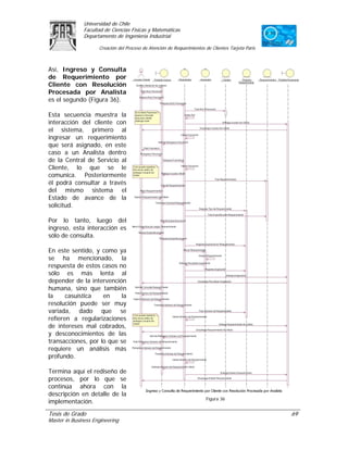 Universidad de Chile
               Facultad de Ciencias Físicas y Matemáticas
               Departamento de Ingeniería Industrial

                     Creación del Proceso de Atención de Requerimientos de Clientes Tarjeta Paris



Así, Ingreso y Consulta
de Requerimiento por
Cliente con Resolución
Procesada por Analista
es el segundo (Figura 36).

Esta secuencia muestra la
interacción del cliente con
el sistema, primero al
ingresar un requerimiento
que será asignado, en este
caso a un Analista dentro
de la Central de Servicio al
Cliente, lo que se le
comunica. Posteriormente
él podrá consultar a través
del mismo sistema el
Estado de avance de la
solicitud.

Por lo tanto, luego del
ingreso, esta interacción es
sólo de consulta.

En este sentido, y como ya
se ha mencionado, la
respuesta de estos casos no
sólo es más lenta al
depender de la intervención
humana, sino que también
la     casuística   en     la
resolución puede ser muy
variada, dado que se
refieren a regularizaciones
de intereses mal cobrados,
y desconocimientos de las
transacciones, por lo que se
requiere un análisis más
profundo.

Termina aquí el rediseño de
procesos, por lo que se
continúa ahora con la
descripción en detalle de la
                                                                         Figura 36
implementación.
Tesis de Grado                                                                                      69
Master in Business Engineering
 