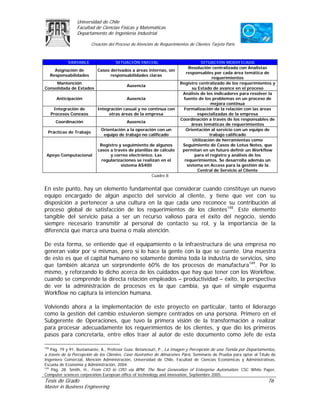 Universidad de Chile
                 Facultad de Ciencias Físicas y Matemáticas
                 Departamento de Ingeniería Industrial

                          Creación del Proceso de Atención de Requerimientos de Clientes Tarjeta Paris



             VARIABLE                 SITUACIÓN INICIAL                             SITUACIÓN MODIFICADA
                                                                             Resolución centralizada con Analistas
        Asignación de        Casos derivados a áreas internas, sin
                                                                            responsables por cada área temática de
      Responsabilidades            responsabilidades claras
                                                                                         requerimientos
     Mantención                                                          Registro centralizado de los requerimientos y
                                            Ausencia
Consolidada de Estados                                                         su Estado de avance en el proceso
                                                                          Análisis de los indicadores para resolver la
        Anticipación                        Ausencia                      fuente de los problemas en un proceso de
                                                                                         mejora continua
       Integración de        Integración casual y no continua con         Formalización de la relación con las áreas
      Procesos Conexos            otras áreas de la empresa                      especializadas de la empresa
                                                                         Coordinación a través de los responsables de
        Coordinación                        Ausencia
                                                                              áreas temáticas de requerimientos
                               Orientación a la operación con un            Orientación al servicio con un equipo de
  Prácticas de Trabajo
                                equipo de trabajo no calificado                         trabajo calificado
                                                                               Utilización de herramientas como
                              Registro y seguimiento de algunos           Seguimiento de Casos de Lotus Notes, que
                             casos a través de planillas de cálculo       permitan en un futuro definir un Workflow
 Apoyo Computacional               y correo electrónico. Las                    para el registro y análisis de los
                               regularizaciones se realizan en el          requerimientos. Se desarrolla además un
                                        sistema AS400                       sistema en Access para la gestión de la
                                                                                  Central de Servicio al Cliente
                                                          Cuadro 8


En este punto, hay un elemento fundamental que considerar cuando constituye un nuevo
equipo encargado de algún aspecto del servicio al cliente, y tiene que ver con su
disposición a pertenecer a una cultura en la que cada uno reconoce su contribución al
proceso global de satisfacción de los requerimientos de los clientes148. Este elemento
tangible del servicio pasa a ser un recurso valioso para el éxito del negocio, siendo
siempre necesario transmitir al personal de contacto su rol, y la importancia de la
diferencia que marca una buena o mala atención.

De esta forma, se entiende que el equipamiento o la infraestructura de una empresa no
generan valor por sí mismas, pero sí lo hace la gente con la que se cuente. Una muestra
de esto es que el capital humano no solamente domina toda la industria de servicios, sino
que también alcanza un sorprendente 60% de los procesos de manufactura149. Por lo
mismo, y reforzando lo dicho acerca de los cuidados que hay que tener con los Workflow,
cuando se comprende la directa relación empleados – productividad – éxito, la perspectiva
de ver la administración de procesos es la que cambia, ya que el simple esquema
Workflow no captura la intención humana.

Volviendo ahora a la implementación de este proyecto en particular, tanto el liderazgo
como la gestión del cambio estuvieron siempre centrados en una persona. Primero en el
Subgerente de Operaciones, que tuvo la primera visión de la transformación a realizar
para procesar adecuadamente los requerimientos de los clientes, y que dio los primeros
pasos para concretarla, entre ellos traer al autor de este documento como Jefe de esta

148
   Pág. 79 y 91. Bustamante, A., Profesor Guía: Betancourt, P., La Imagen y Percepción de una Tienda por Departamentos,
a través de la Percepción de los Clientes, Caso Ilustrativo de Almacenes París. Seminario de Prueba para optar al Título de
Ingeniero Comercial, Mención Administración, Universidad de Chile, Facultad de Ciencias Económicas y Administrativas,
Escuela de Economía y Administración, 2004.
149
    Pág. 28. Smith, H., From CIO to CPO via BPM, The Next Generation of Enterprise Automation. CSC White Paper,
Computer sciences corporation European office of technology and innovation, Septiembre 2005.
Tesis de Grado                                                                                                        76
Master in Business Engineering
 