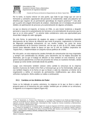 Universidad de Chile
                 Facultad de Ciencias Físicas y Matemáticas
                 Departamento de Ingeniería Industrial

                        Creación del Proceso de Atención de Requerimientos de Clientes Tarjeta Paris

Por lo tanto, es bueno reiterar en este punto, que todo lo que tenga que ver con la
formación y constante capacitación del personal es fundamental, dada una industria tan
dinámica que requiere de un permanente aprendizaje de mejores prácticas152. Esto abre
por su parte otro ángulo interesante de analizar, relacionado con el reemplazo de personal
debido a la optimización de procesos y la automatización de algunas actividades.

Lo que se observa al respecto, al menos en Chile, es una menor tendencia a despedir
personal a causa de la automatización de funciones y la externalización de procesos que lo
que se ve en otros países153. Lo anterior debe considerarse como una oportunidad para
desarrollar trabajos de valor agregado.

De esta forma, la generación de equipos de apoyo o coalición conductora dependió
directamente de las esferas de influencia que tenía el proyecto. Lógicamente la Gerencia
de Migración participaba activamente en sus niveles medios, así como las áreas
correspondientes de la Gerencia Comercial, con las que el Jefe de la CSC había creado
fuertes lazos laborales desde la época en que era el Jefe de Créditos corporativo de
Tarjeta Paris, e implementaban en conjunto nuevas políticas de crédito.

Por otra parte, en esta empresa los canales formales de comunicación son muy respetados
y siempre son considerados los oficiales, pero claramente eso no implica descuidar los
informales, por lo que el trabajo de difusión se hizo también en esta instancia, lo que
generó buenas plataformas a la hora de presentar los temas en reuniones formales, donde
el apoyo ya venía siendo construido desde los pasillos.

Luego, será interesante también conocer cómo cambió la estructura de la empresa
durante el proceso de fusión entre Paris y Cencosud que ya se ha mencionado, dado que
eso también impacta en la forma en que se llevan a cabo las relaciones al interior de la
organización y define el escenario de permanentes modificaciones que ahora debía
enfrentar el proyecto. Dicho análisis se realiza a continuación.


      IV.2. Cambios en los Ámbitos de Poder

Como se ha indicado en puntos anteriores, la empresa en la que se llevó a cabo el
proyecto pasó en el transcurso de este cambio, también por un cambio en su estructura,
el siguiente es el esquema original (Figura 40):




152
   Pág. 27. Bustamante, A., Profesor Guía: Betancourt, P., La Imagen y Percepción de una Tienda por Departamentos, a
través de la Percepción de los Clientes, Caso Ilustrativo de Almacenes París. Seminario de Prueba para optar al Título de
Ingeniero Comercial, Mención Administración, Universidad de Chile, Facultad de Ciencias Económicas y Administrativas,
Escuela de Economía y Administración, 2004.
153
    Pág. 52. Centro de Estudios de la Economía Digital CCS, Escuela de Ingeniería UC/CETIUC, Instituto de Estudios Mediales
UC e Instituto de Sociología UC., El Impacto de las Tecnologías de la Información en las Empresas Chilenas respecto a
España y Estados Unidos: Resultados de la Primera Encuesta BITChile 2005. Business and Information Technologies (BIT)
Project – Chile (Proyecto Fondecyt 1050769), Santiago de Chile, Marzo 2006.
Tesis de Grado                                                                                                        78
Master in Business Engineering
 