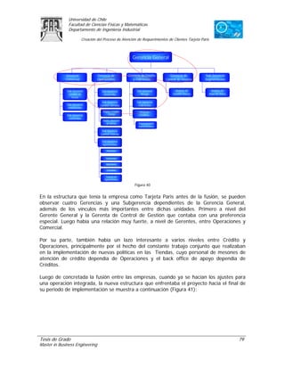 Universidad de Chile
               Facultad de Ciencias Físicas y Matemáticas
               Departamento de Ingeniería Industrial

                         Creación del Proceso de Atención de Requerimientos de Clientes Tarjeta Paris



                                                           Gerencia General


             Gerencia             Gerencia de           Gerencia de Crédito        Gerencia de        Sub Gerencia
             Comercial            Operaciones              y Cobranzas          Control de Gestión    Segmentación


              Sub Gerencia           Sub Gerencia             Sub Gerencia             Análisis de       Análisis de
               Canales de             Desarrollo                 Riesgo              Gestión Ventas     Base de Datos
                 Venta
                                     Sub Gerencia             Sub Gerencia
              Sub Gerencia          Canales Servicio           Cobranzas
               Fidelización
                                      Deptos. Crédito          Jefatura
              Sub Gerencia                Tienda               Créditos
               Convenios
                                      Depto. Atención
                                         al Cliente            Departamento
                                                               Autorizaciones
                                     Sub Gerencia
                                    Control Interno

                                     Sub Gerencia
                                     Operaciones

                                         Procesos


                                        Convenios

                                        Aperturas

                                         Contable

                                        Central de
                                       Operaciones

                                                            Figura 40


En la estructura que tenía la empresa como Tarjeta Paris antes de la fusión, se pueden
observar cuatro Gerencias y una Subgerencia dependientes de la Gerencia General,
además de los vínculos más importantes entre dichas unidades. Primero a nivel del
Gerente General y la Gerenta de Control de Gestión que contaba con una preferencia
especial. Luego había una relación muy fuerte, a nivel de Gerentes, entre Operaciones y
Comercial.

Por su parte, también había un lazo interesante a varios niveles entre Crédito y
Operaciones, principalmente por el hecho del constante trabajo conjunto que realizaban
en la implementación de nuevas políticas en las Tiendas, cuyo personal de mesones de
atención de crédito dependía de Operaciones y el back office de apoyo dependía de
Créditos.

Luego de concretada la fusión entre las empresas, cuando ya se hacían los ajustes para
una operación integrada, la nueva estructura que enfrentaba el proyecto hacia el final de
su período de implementación se muestra a continuación (Figura 41):




Tesis de Grado                                                                                                          79
Master in Business Engineering
 