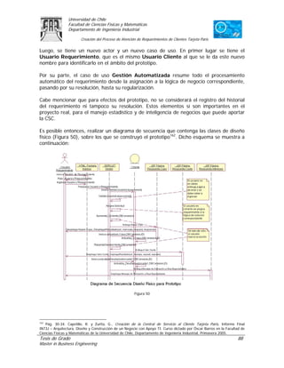 Universidad de Chile
                Facultad de Ciencias Físicas y Matemáticas
                Departamento de Ingeniería Industrial

                        Creación del Proceso de Atención de Requerimientos de Clientes Tarjeta Paris

Luego, se tiene un nuevo actor y un nuevo caso de uso. En primer lugar se tiene el
Usuario Requerimiento, que es el mismo Usuario Cliente al que se le da este nuevo
nombre para identificarlo en el ámbito del prototipo.

Por su parte, el caso de uso Gestión Automatizada resume todo el procesamiento
automático del requerimiento desde la asignación a la lógica de negocio correspondiente,
pasando por su resolución, hasta su regularización.

Cabe mencionar que para efectos del prototipo, no se considerará el registro del historial
del requerimiento ni tampoco su resolución. Estos elementos sí son importantes en el
proyecto real, para el manejo estadístico y de inteligencia de negocios que puede aportar
la CSC.

Es posible entonces, realizar un diagrama de secuencia que contenga las clases de diseño
físico (Figura 50), sobre los que se construyó el prototipo162. Dicho esquema se muestra a
continuación:




                                                       Figura 50




162
   Pág. 30-34. Capetillo, R. y Zurita, G., Creación de la Central de Servicio al Cliente Tarjeta Paris, Informe Final
IN73J – Arquitectura, Diseño y Construcción de un Negocio con Apoyo TI. Curso dictado por Óscar Barros en la Facultad de
Ciencias Físicas y Matemáticas de la Universidad de Chile, Departamento de Ingeniería Industrial, Primavera 2005.
Tesis de Grado                                                                                                      88
Master in Business Engineering
 