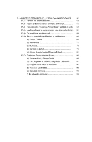 3.1.- OBJETIVO ESPECÍFICO Nº 1: PROBLEMAS AMBIENTALES                   52
     3.1.1.- Perfil de los actores sociales…………………………………                52
   3.1.2.- Noción e identificación de problema ambiental……………           55
   3.1.3.- Relación entre Problemas Ambientales y Calidad de Vida       59
   3.1.4.- Las Causales de la contaminación y su alcance territorial…   61
   3.1.5.- Percepción de tensión social…………………………………                    65
   3.1.6.- Reconocimiento Estatal frente a la problemática…………          68
          a) Estado Chileno……………………………………………                            68
          b) Intendencia……………………………………………….                             71
          c) Municipio…………………………………………………                               73
          d) Servicio de Salud………………………………………                           76
          e) Juicios de valor hacia el Sistema Estatal………………            81
   3.1.7.- Problemas Concomitantes Graves………………………….                    84
          a) Vulnerabilidad y Riesgo Social…………………………..                 85
          b) Las Drogas en el Entorno y Seguridad Ciudadana……           87
          c) Estigma Social hacia la Población……………………….                91
          d) Viviendas Quebradas……………………………………..                        92
          e) Salinidad del Suelo………………………………………..                       93
          f) Devaluación del Sector…………………………………….                      93
 