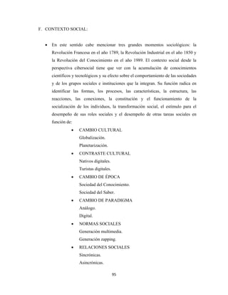 F. CONTEXTO SOCIAL:


      •   En este sentido cabe mencionar tres grandes momentos sociológicos: la
          Revolución Francesa en el año 1789, la Revolución Industrial en el año 1850 y
          la Revolución del Conocimiento en el año 1989. El contexto social desde la
          perspectiva cibersocial tiene que ver con la acumulación de conocimientos
          científicos y tecnológicos y su efecto sobre el comportamiento de las sociedades
          y de los grupos sociales e instituciones que la integran. Su función radica en
          identificar las formas, los procesos, las características, la estructura, las
          reacciones, las conexiones, la constitución y el funcionamiento de la
          socialización de los individuos, la transformación social, el estímulo para el
          desempeño de sus roles sociales y el desempeño de otras tareas sociales en
          función de:
                    •    CAMBIO CULTURAL
                         Globalización.
                         Planetarización.
                    •    CONTRASTE CULTURAL
                         Nativos digitales.
                         Turistas digitales.
                    •    CAMBIO DE ÉPOCA
                         Sociedad del Conocimiento.
                         Sociedad del Saber.
                    •    CAMBIO DE PARADIGMA
                         Análogo.
                         Digital.
                    •    NORMAS SOCIALES
                         Generación multimedia.
                         Generación zapping.
                    •    RELACIONES SOCIALES
                         Sincrónicas.
                         Asincrónicas.

                                               95 
 
 