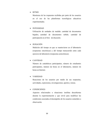 •   RITMO
        Monitoreo de las respuestas recibidas por parte de los usuarios
        en   el   uso   de     las      plataformas   tecnológicas   educativas
        experimentadas.


    •   INTENSIDAD
        Utilización de unidades de medida: cantidad de documentos
        bajados, cantidad          de    documentos    subido,   cantidad   de
        participación en el foro de discusión.


    •   DURACIÓN
        Medición del tiempo en que se mantuvieron en el laboratorio
        (respuestas sincrónicas) y del tiempo transcurrido entre cada
        ejercicio de laboratorio (respuestas asincrónicas).


    •   CANTIDAD
        Número de catedráticos participantes, número de estudiantes
        participantes, número de horas en el laboratorio, número de
        horas en Internet.


    •   VARIEDAD
        Reacciones de los usuarios por medio de sus respuestas,
        actividades, expresiones, investigaciones, aportes y tareas.


    •   CONDICIONES
        Aspectos relacionados a situaciones insólitas descubiertas
        durante la experimentación y que sirvió para modificar las
        condiciones asociadas al desempeños de los usuarios sometidos a
        observación.




                             99 
 
 