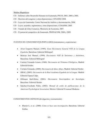 Medios Magnéticos:
CD – Informes sobre Desarrollo Humano en Guatemala, PNUD, 2003, 2004 y 2005.
CD – Decretos del congreso y otras disposiciones, CENADOJ 2004.
CD – Leyes de Guatemala, Centro Nacional de Análisis y documentación, 2004.
CD – Leyes, acuerdos, reglamentos y otras disposiciones, CENADOJ, 2005
CD – Tratado de Libre Comercio, Ministerio de Economía, 2007.
CD – El potencial competitivo de Guatemala, PRONACOM, 2008 y 2009.




FUENTES DE CONOCIMIENTOS POPULARES (instrumentos y experiencias)


    •       Alvar Ezquerra Manuel, (1989). Gran Diccionario General VOX de la Lengua
            Española, Barcelona: Editorial Bibliograf.
    •       Belecua José Manuel, (1994). Diccionario VOX de Sinónimos y Antónimos,
            Barcelona: Editorial Bibliograf.
    •       Carreter Fernando Lázaro, (1968). Diccionario de Términos Filológicos, Madrid:
            Editorial Gredos.
    •       Corripio Fernando, (2000). Diccionario de Ideas Afines, Madrid: Editorial Herder.
    •       DRAE, (2005). Diccionario de la Real Academia Española de la Lengua. Madrid:
            Editorial Espasa Calpe.
    •       Hillmann Karl-Heinz, (2001). Diccionario Enciclopédico de Sociología,
            Barcelona: Editorial Herder.
    •       Sánchez-Escobedo Pedro, (2002). Manual de estilo de publicaciones de la
            American Psychological Association, México: Editorial El manual Moderno.




CONOCIMIENTOS CRÍTICOS (divulgación y razonamiento)


        •     Blaxter L. et al., (2000). Cómo se hace una investigación, Barcelona: Editorial
              Gedisa.



                                               115 
 
 