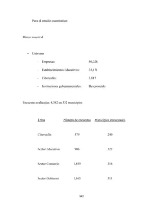 Para el estudio cuantitativo:




Marco muestral




    •   Universo

            –   Empresas:                          50,026

            –   Establecimientos Educativos:       35,471

            –   Cibercafés:                        3,817

            –   Instituciones gubernamentales:     Desconocido




Encuestas realizadas: 4,342 en 332 municipios




            Tema                 Número de encuestas   Municipios encuestados



            Cibercafés                  579                      240



            Sector Educativo            906                      322



            Sector Comercio             1,859                    316



            Sector Gobierno             1,165                    311




                                            342 
 
 