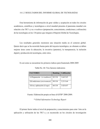 14.1.2 RESULTADOS DEL INFORME GLOBAL DE TECNOLOGÍAS




       Esta herramienta de información de gran validez y aceptación en todos los círculos
académicos, científicos y tecnológicos a nivel mundial presenta el panorama mundial con
relación a las TIC’s y su e-readiness (preparación, conocimiento, condiciones y utilización)
de las tecnologías en los 134 países que integran el Reporte Global de Tecnologías.




       Los resultados generales mostraron una situación media en el contexto global.
Quiere decir que se ha recorrido buena parte del trayecto tecnológico, no obstante se deben
mejorar áreas como la educación, la inventiva (patentes), la transparencia, la inclusión
digital y producción de tecnologías, entre otros.




       Es así como se encuentran los primeros índices para Guatemala 2008-2009

                           Tabla No. 44: Tres factores indiciarios

                    FACTORES                        Ranking Calificación

                    1) Preparación (e-readiness) 82/134      3.64/5.85

                    2)Condiciones (environment)     99/134   3.21/5.64

                    3)Uso y aplicación (Usage)      66/134   3.42/6.07




                 Fuente: Elaboración propia en base al GITR* 2008-2009.

                          * Global Information Technology Report



       El primer factor indica el nivel de preparación y conocimientos para estar listo en la
aplicación y utilización de las TIC’s y es reconocido en los círculos de investigación


                                             400 
 
 