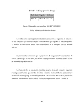 Tabla No.47: Uso y aplicación (Usage)

                              Individual Negocios Gobierno

                              86 -1.69     44 – 4.80   63 – 3.78




                 Fuente: Elaboración propia en base al GITR* 2008-2009.

                          * Global Information Technology Report




       Los indicadores que integran el instrumento de medición se organizan en relación a
las tres categorías que a su vez integran los tres factores que reportan el índice respectivo.
El número de indicadores puede variar dependiendo de la categoría que se pretende
indexar.




       El primer indicador muestra que la preparación de los guatemaltecos en materia de
ciencia y tecnología es muy débil, no alcanza los requerimientos mundiales en los niveles
de matemáticas y otras ciencias.




       Los bajos niveles de preparación científica se deben al modelo educativo imperante
y las rígidas estructuras que articulan el sistema educativo Nacional. Mismo que no incluye
la inclusión tecnológica y la metodología virtual. Este indicador del nivel de preparación
individual indica además que la causa es el costo que representa el acceso a las TIC’s.




                                             402 
 
 