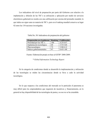 Los indicadores del nivel de preparación por parte del Gobierno con relación a la
implantación y difusión de las TIC’s su utilización y aplicación por medio de servicios
electrónicos gubernativos resulta con una calificación por encima del promedio mundial, lo
que indica un signo sano en materia de TIC’s, pero en el ranking mundial conserva su lugar
82 entre las 134 naciones investigadas.




                  Tabla No. 50: Indicadores de preparación del gobierno

                  Preparación en el gobierno       Ranking   Calificación
                  Prioridad por las TIC’s          100       4.25/4.67
                  Implantación tecnológica         68        3.53/3.60
                  Plan tecnológico                 75        3.98/4.12
                  Índices gubernamentales          87        0.43/1.00

                 Fuente: Elaboración propia en base al GITR* 2008-2009.

                         * Global Information Technology Report




       En la categoría de condiciones donde se desarrolla la implementación y utilización
de las tecnologías se miden las circunstancias donde se lleva a cado la actividad
tecnológica.




       En lo que respecta a las condiciones del mercado en lo particular el panorama es
muy difícil para los emprendedores que requieren de incentivos y financiamiento, en lo
general no hay disponibilidad de las tecnologías de punta y su uso no se ha extendido.




                                            404 
 
 