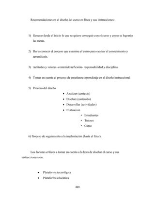 Recomendaciones en el diseño del curso en línea y sus instrucciones:




     1) Generar desde el inicio lo que se quiere conseguir con el curso y como se lograrán
         las metas.


     2) Dar a conocer el proceso que examina el curso para evaluar el conocimiento y
         aprendizaje.


     3) Actitudes y valores -contenido/reflexión- responsabilidad y disciplina.


     4) Tomar en cuenta el proceso de enseñanza-aprendizaje en el diseño instruccional


     5) Proceso del diseño
                                  • Analizar (contexto)
                                  • Diseñar (contenido)
                                  • Desarrollar (actividades)
                                  • Evaluación
                                                   • Estudiantes
                                                   • Tutores
                                                   • Curso


     6) Proceso de seguimiento a la implantación (hasta el final).




       Los factores críticos a tomar en cuenta a la hora de diseñar el curso y sus
instrucciones son:



             •   Plataforma tecnológica
             •   Plataforma educativa

                                            469 
 
 
