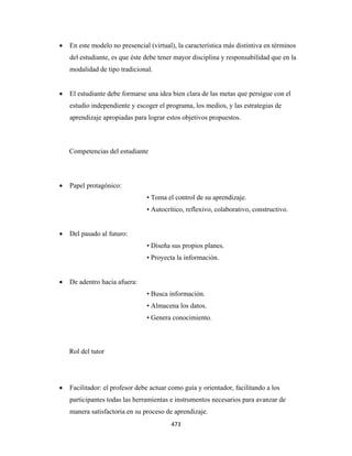 •   En este modelo no presencial (virtual), la característica más distintiva en términos
        del estudiante, es que éste debe tener mayor disciplina y responsabilidad que en la
        modalidad de tipo tradicional.


    •   El estudiante debe formarse una idea bien clara de las metas que persigue con el
        estudio independiente y escoger el programa, los medios, y las estrategias de
        aprendizaje apropiadas para lograr estos objetivos propuestos.



        Competencias del estudiante



    •   Papel protagónico:
                                    • Toma el control de su aprendizaje.
                                    • Autocrítico, reflexivo, colaborativo, constructivo.


    •   Del pasado al futuro:
                                    • Diseña sus propios planes.
                                    • Proyecta la información.


    •   De adentro hacia afuera:
                                    • Busca información.
                                    • Almacena los datos.
                                    • Genera conocimiento.



        Rol del tutor




    •   Facilitador: el profesor debe actuar como guía y orientador, facilitando a los
        participantes todas las herramientas e instrumentos necesarios para avanzar de
        manera satisfactoria en su proceso de aprendizaje.
                                             473 
 
 