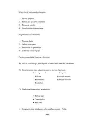 Selección de los temas de discusión:


    1) Dudas grupales.
    2) Temas que quedaron en el aire.
    3) Temas de interés.
    4) Complemento de materiales.


    Responsabilidad del alumno:


    1) Plantear dudas.
    2) Aclarar conceptos.
    3) Enriquecer el aprendizaje.
    4) Colaborar con el equipo.


    Puesta en marcha del curso de e-learning:


    A) Uso de la tecnología para mejorar la convivencia entre los estudiantes.


    B) Complementar áreas educativas que no incluya el pensum.


                           Cultura                     Currículo normal
                           Humanismo                   Currículo personal
                           Intelectual


    C) Conformación de quipos académicos:


                      • Pedagógico
                      • Tecnológico
                      • Proyecto


    1) Integración ínter estudiantes sobre una base común - Portal.

                                           481 
 
 