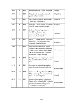 18/05    30     ELP   Guatemala acelera a fondo el Internet     Internet

13/06    12     ELP   Digitalizar la educación: un desafío      Digitalizar
                      para toda Centroamérica

19/06    14     ELP   El BID quiere financiar laptops de US     Financiar
                      %100 para Centroamérica

31/07    8      ELP   Se niegan a recibir centros de cómputo    Cómputo
                      donados por el gobierno de Japón

12/08    9      ELP   Software Nacional impresiona a
                      GATES “se demostró que
                      connacionales pueden aportar              Software
                      innovación tecnológica”

14/08    8      ELP   CONCYT planea construir el Instituto
                      Científico. “El progreso quiere ver
                      sede de la ciudad del futuro”             Científico

25/09    14     ELP   Legislaran para dar certeza legal al E-
                      commerce. El comerse electrónico en
                      América latina generó campos por US       E-commerce
                      $4,300 millones en 2,005 Guatemala a
                      penas captó US $26 millones

27/09    20     ELP   Comprar o vender cualquier producto a
                      través de Internet nunca había sido tan
                      fácil                                     Internet

04/10    2      ELP   Presentan la computadora para datos a
                      cada alumno de las escuelas públicas
                                                                Computadoras

08/10   16/17   ELP   (Entrevista) Rodrigo Arboleda (MIT)
                      “Necesitamos que los niños entren de
                      lleno a un mundo digital”                 Digital

22/10   14/15   ELP   Descubrimiento casero: Un salto sin
                      bardas de la escoba a las PC’s. Método
                      autoaprendizaje estimulado por la         Computadora
                      “competencia por contacto”.




                                        536 
 
 
