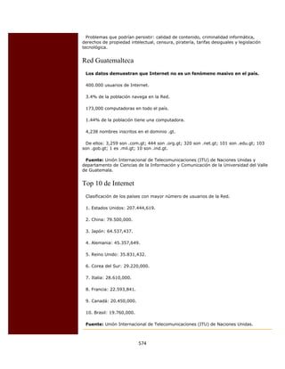 Problemas que podrían persistir: calidad de contenido, criminalidad informática,
    derechos de propiedad intelectual, censura, piratería, tarifas desiguales y legislación
    tecnológica.


    Red Guatemalteca
     Los datos demuestran que Internet no es un fenómeno masivo en el país.

     400.000 usuarios de Internet.

     3.4% de la población navega en la Red.

     173,000 computadoras en todo el país.

     1.44% de la población tiene una computadora.

     4,238 nombres inscritos en el dominio .gt.

      De ellos: 3,259 son .com.gt; 444 son .org.gt; 320 son .net.gt; 101 son .edu.gt; 103
    son .gob.gt; 1 es .mil.gt; 10 son .ind.gt.

     Fuente: Unión Internacional de Telecomunicaciones (ITU) de Naciones Unidas y
    departamento de Ciencias de la Información y Comunicación de la Universidad del Valle
    de Guatemala.


    Top 10 de Internet
     Clasificación de los países con mayor número de usuarios de la Red.

     1. Estados Unidos: 207.444,619.

     2. China: 79.500,000.

     3. Japón: 64.537,437.

     4. Alemania: 45.357,649.

     5. Reino Unido: 35.831,432.

     6. Corea del Sur: 29.220,000.

     7. Italia: 28.610,000.

     8. Francia: 22.593,841.

     9. Canadá: 20.450,000.

     10. Brasil: 19.760,000.

     Fuente: Unión Internacional de Telecomunicaciones (ITU) de Naciones Unidas.



                               574 
 
 